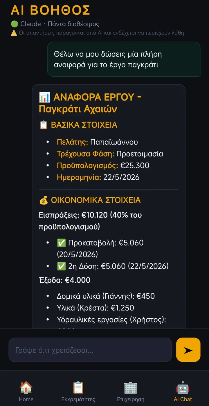 Ο AI βοηθός δίνει πλήρη αναφορά για ένα έργο με βασικά και οικονομικά στοιχεία